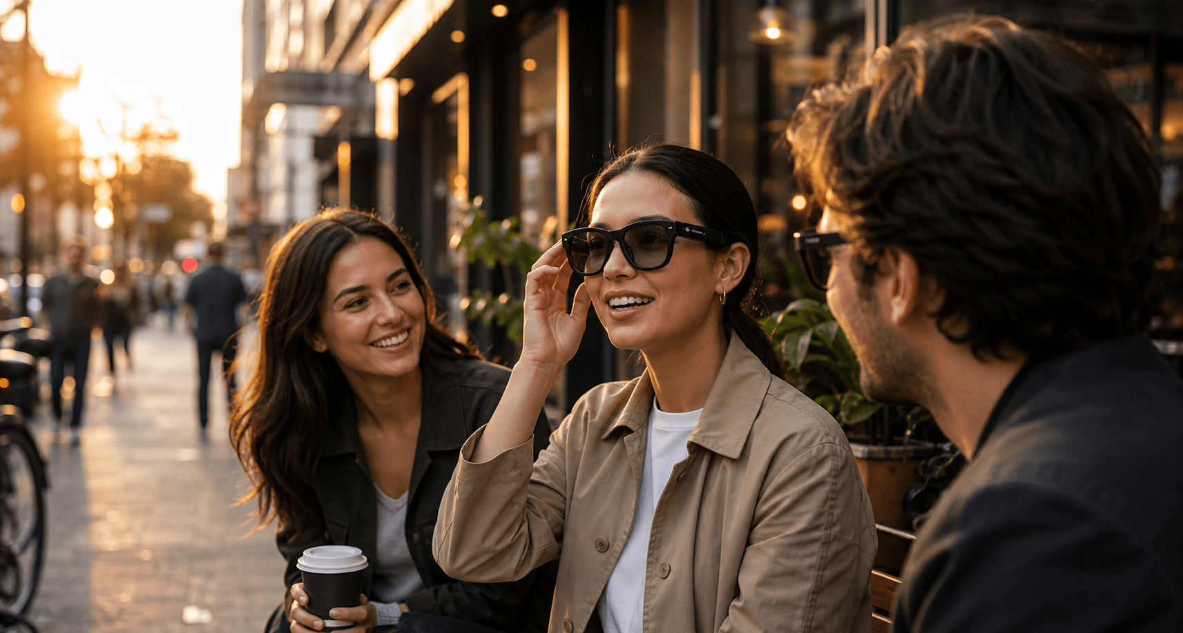 Lifestyle editorial image of a person wearing smart glasses while talking with friends on a city street.