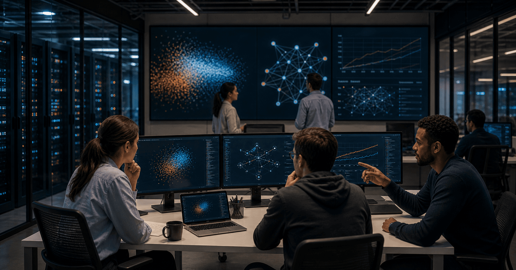 Editorial image of researchers comparing model outputs and performance patterns inside a data center-adjacent research workspace.