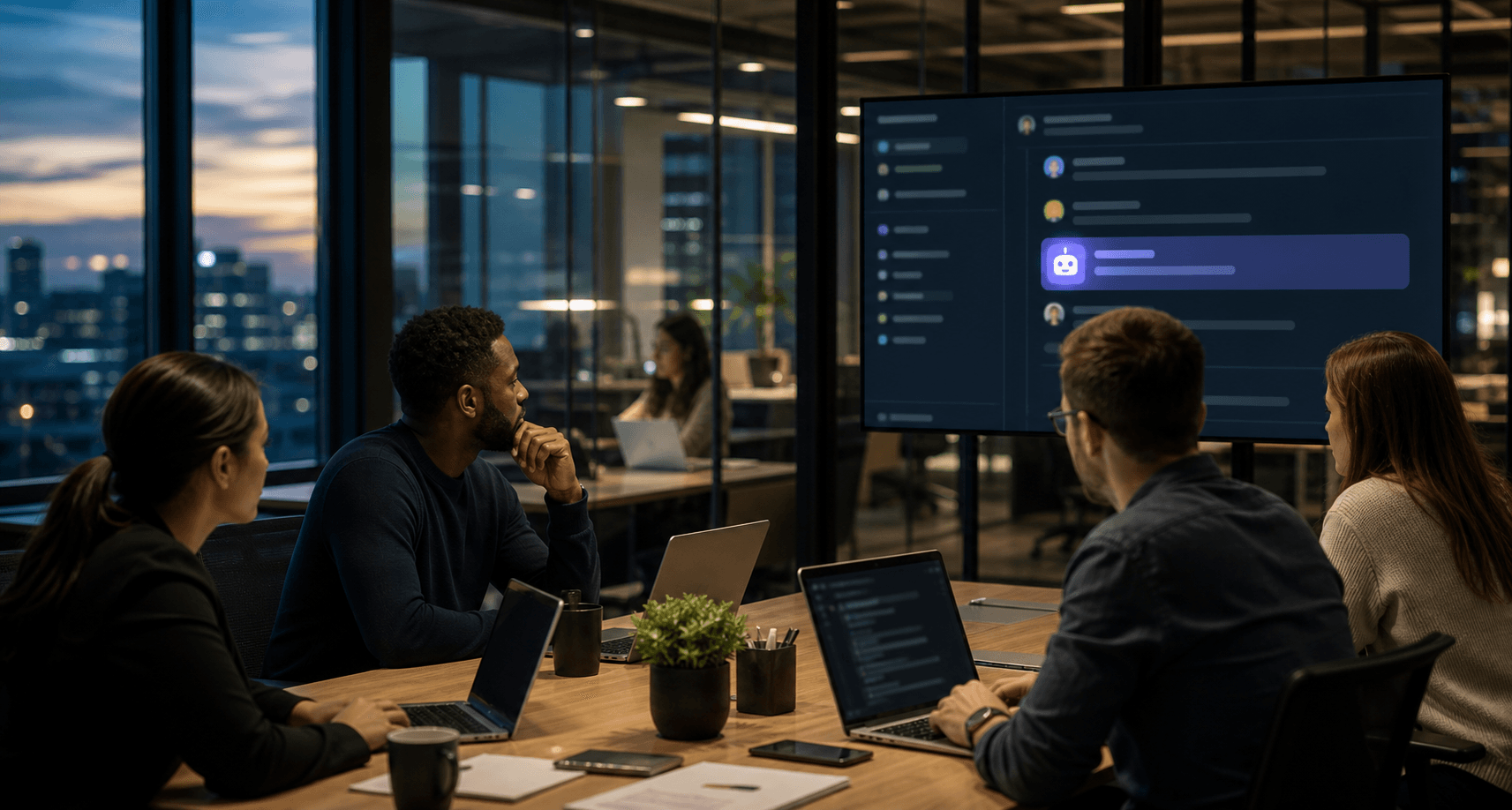 Editorial image of a team in a conference room reviewing an AI assistant inside a workplace chat interface.