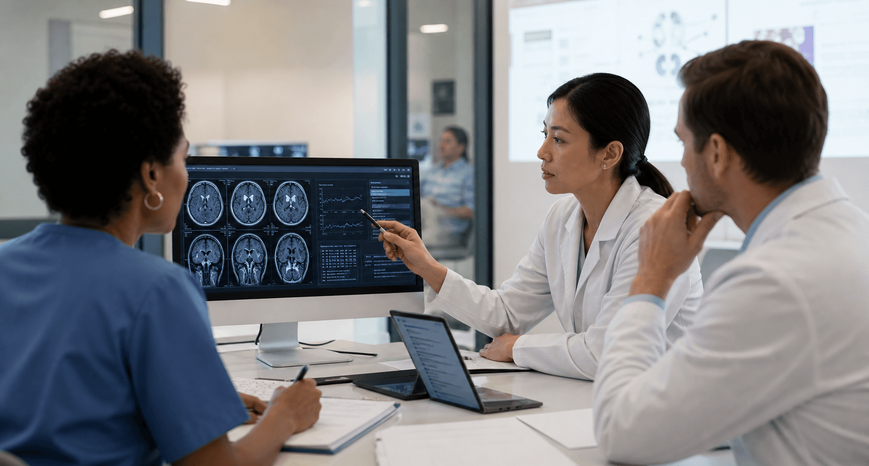 Clinical team reviewing scans and patient information together in a hospital consultation room.